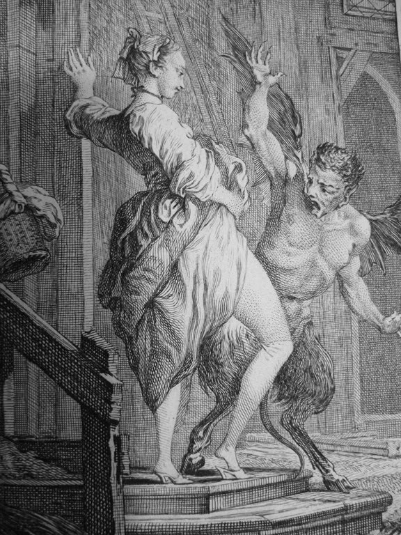 Gravura clássica: figura feminina confrontada por um demônio, alegoria da violência disfarçada